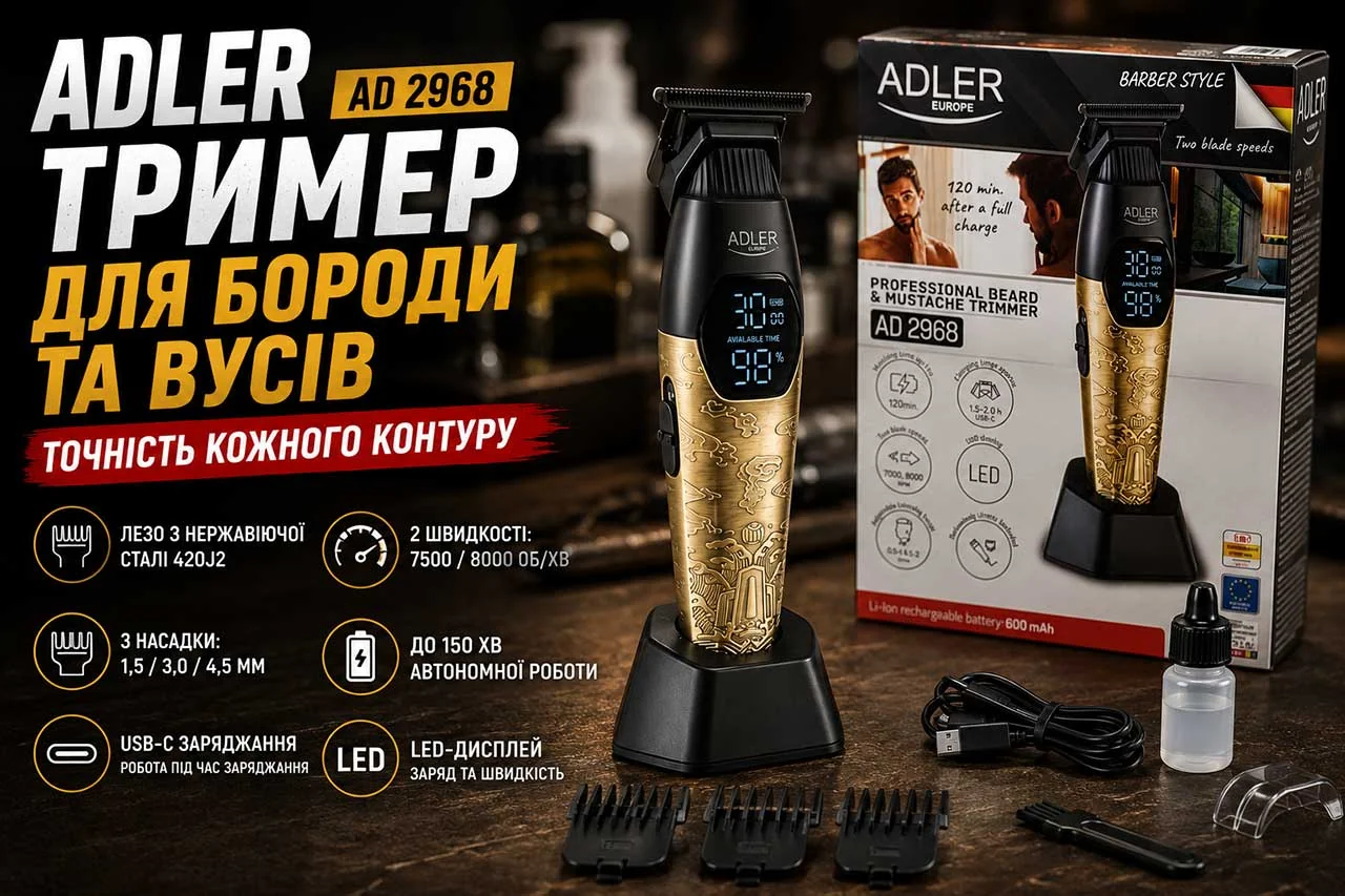 Тример Adler AD 2968 USB-C для бороди та вусів — точність, автономність і сучасне заряджання
