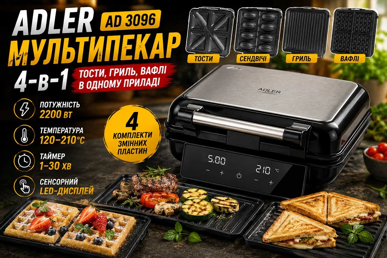 Мультипекар Adler AD 3096 4-в-1 — універсальний помічник для тостів, вафель, гриля та гарячих сендвічів