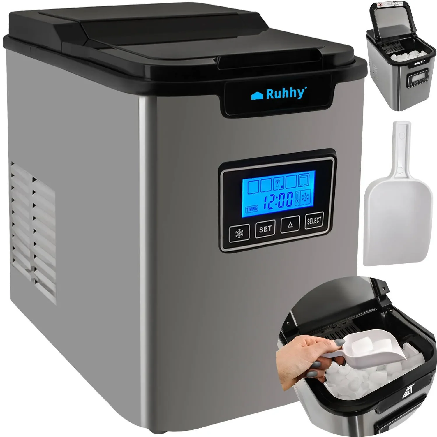 Льодогенератор Ruhhy K5536 з LCD-дисплеєм, 12 кг льоду/добу, 3 розміри кубиків