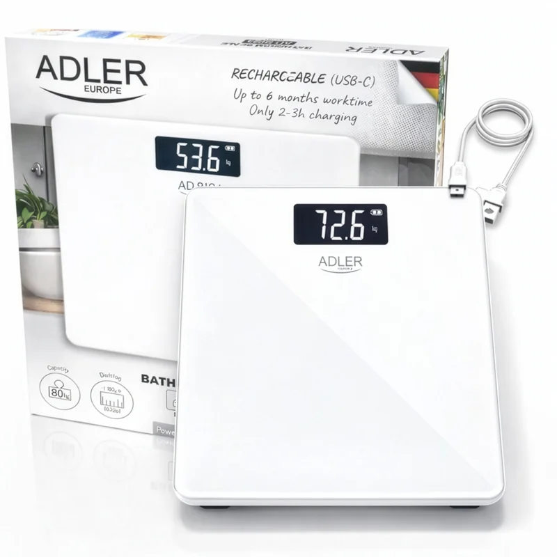 Ваги підлогові Adler AD 8194 white акумуляторні USB-C 180 кг