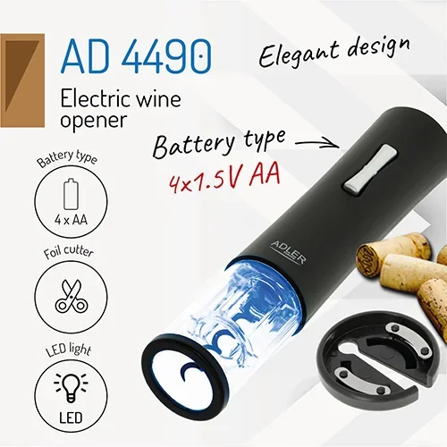 Електричний штопор Adler AD 4490 для вина на батарейках, ергономічний
