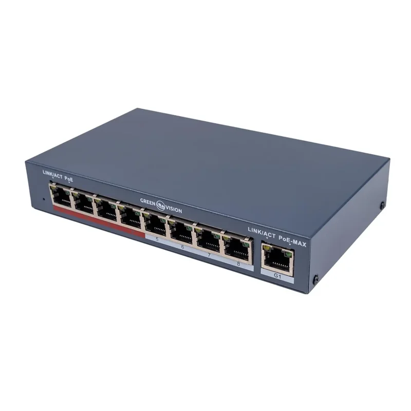 Комутатор мережевий PoE GreenVision GV-018-AI-8+1PG 8 портів