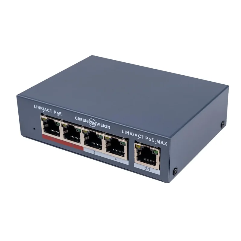 Комутатор мережевий PoE GreenVision GV-017-AI-4+1P 4 порти